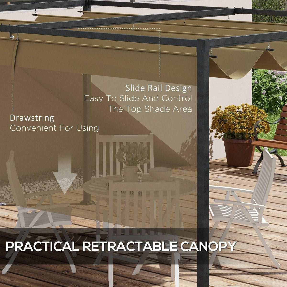 Retractable khaki canopy gazebo with slide rail design and sheltered patio lounge