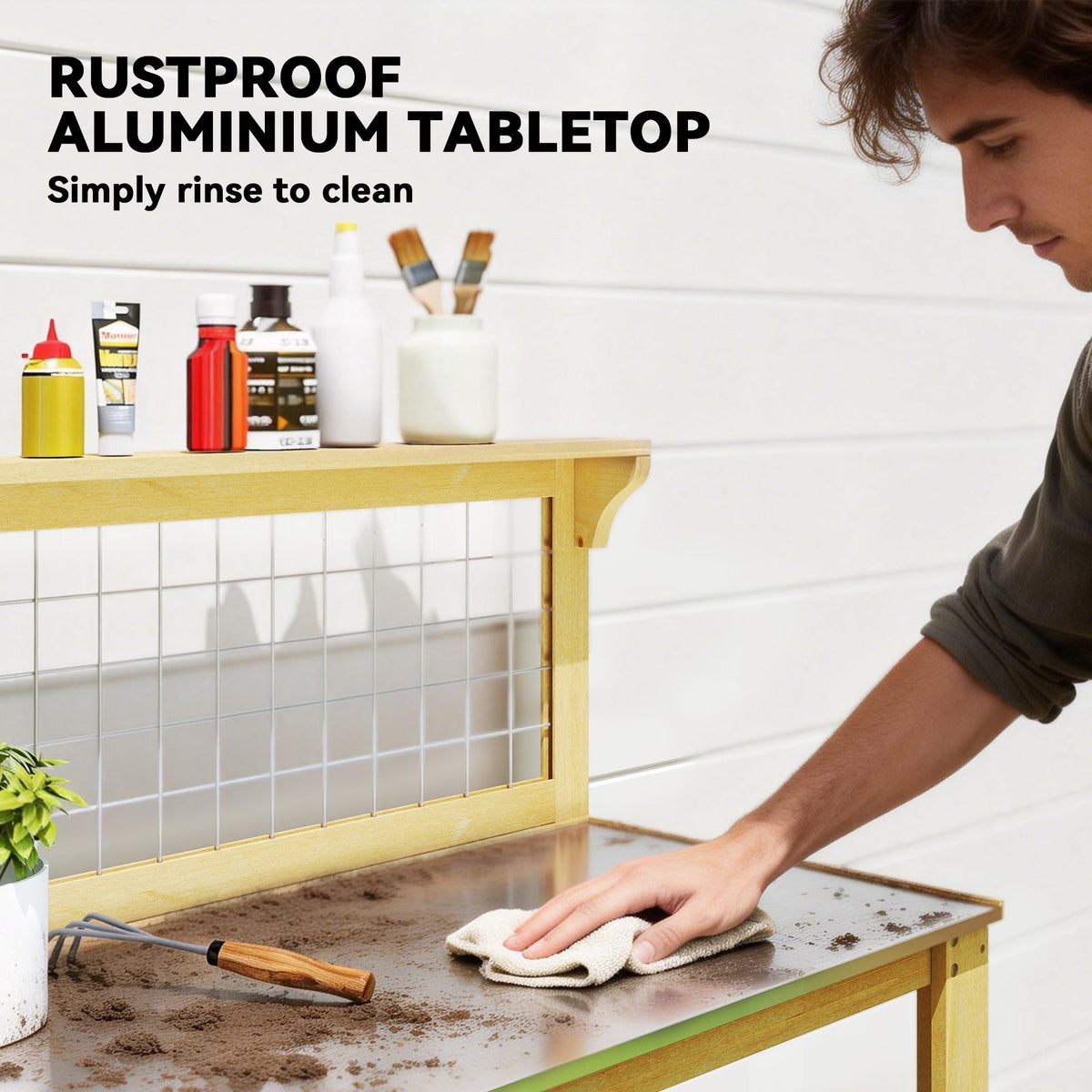 Aluminum worktop on wooden potting bench, grid panel and wipe-clean surface