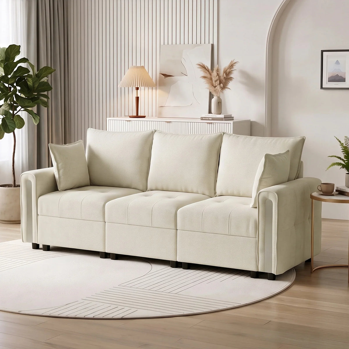 Beige 3-seat velvet sofa with tall back cushions and matching seat cushions