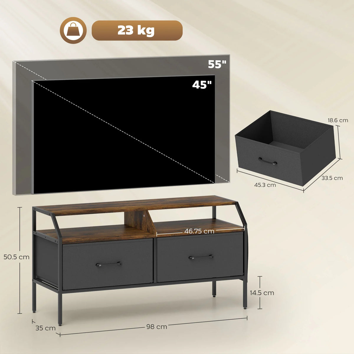 Brown TV stand cabinet with two drawers and open shelf, shown with dimensions