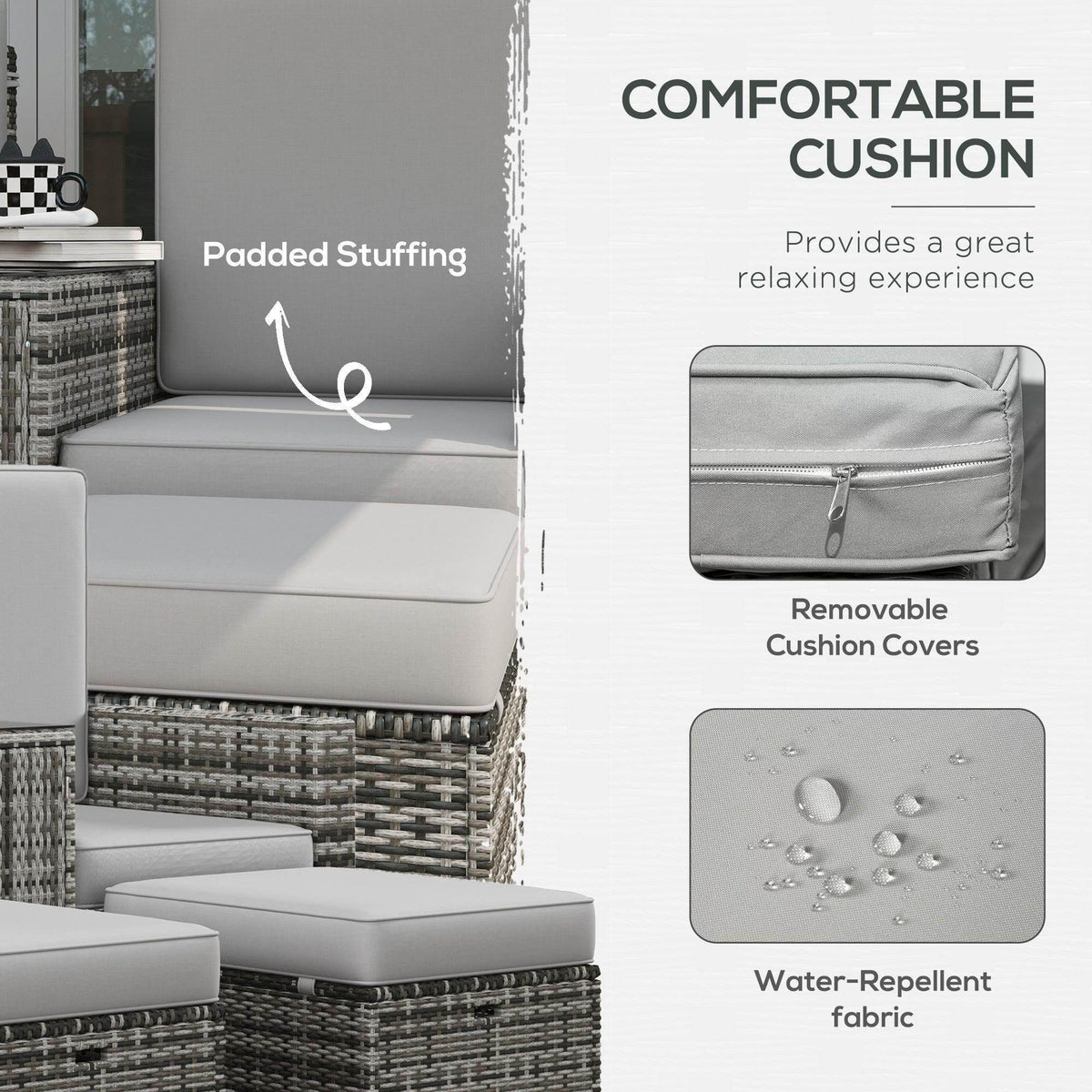 Grey padded lounge cushion with removable cover, water-repellent fabric