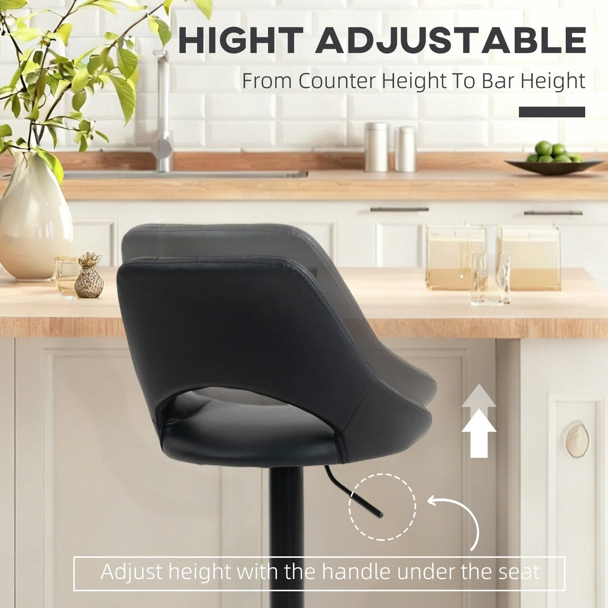 Black faux leather bar stool with adjustable height lever under seat and curved padded back