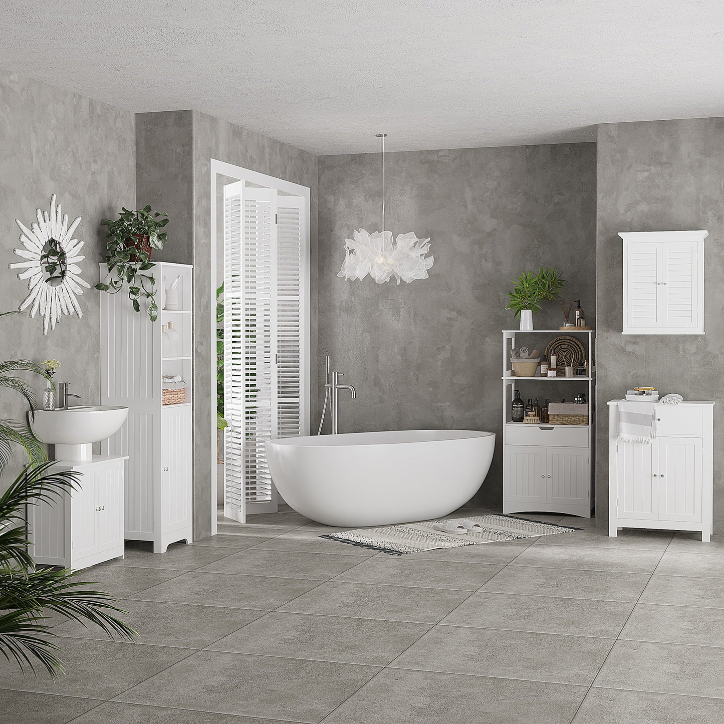HOMCOM Slim Tall Bathroom Storage Cabinet With 3 Open Shelves And 2 Tier Cabinet With Door White