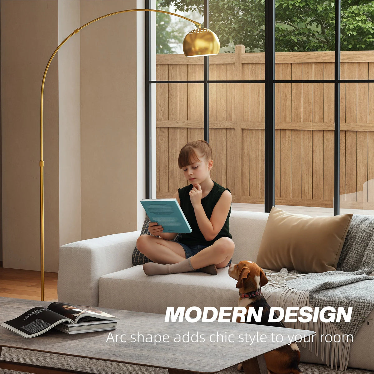 Gold arc floor lamp with bell shade and slender stand beside a sofa
