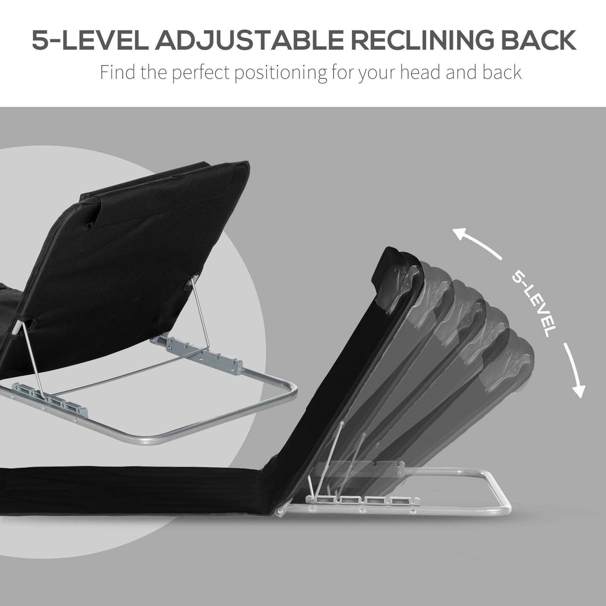 Black adjustable reclining beach chair with multi-position backrest and steel frame