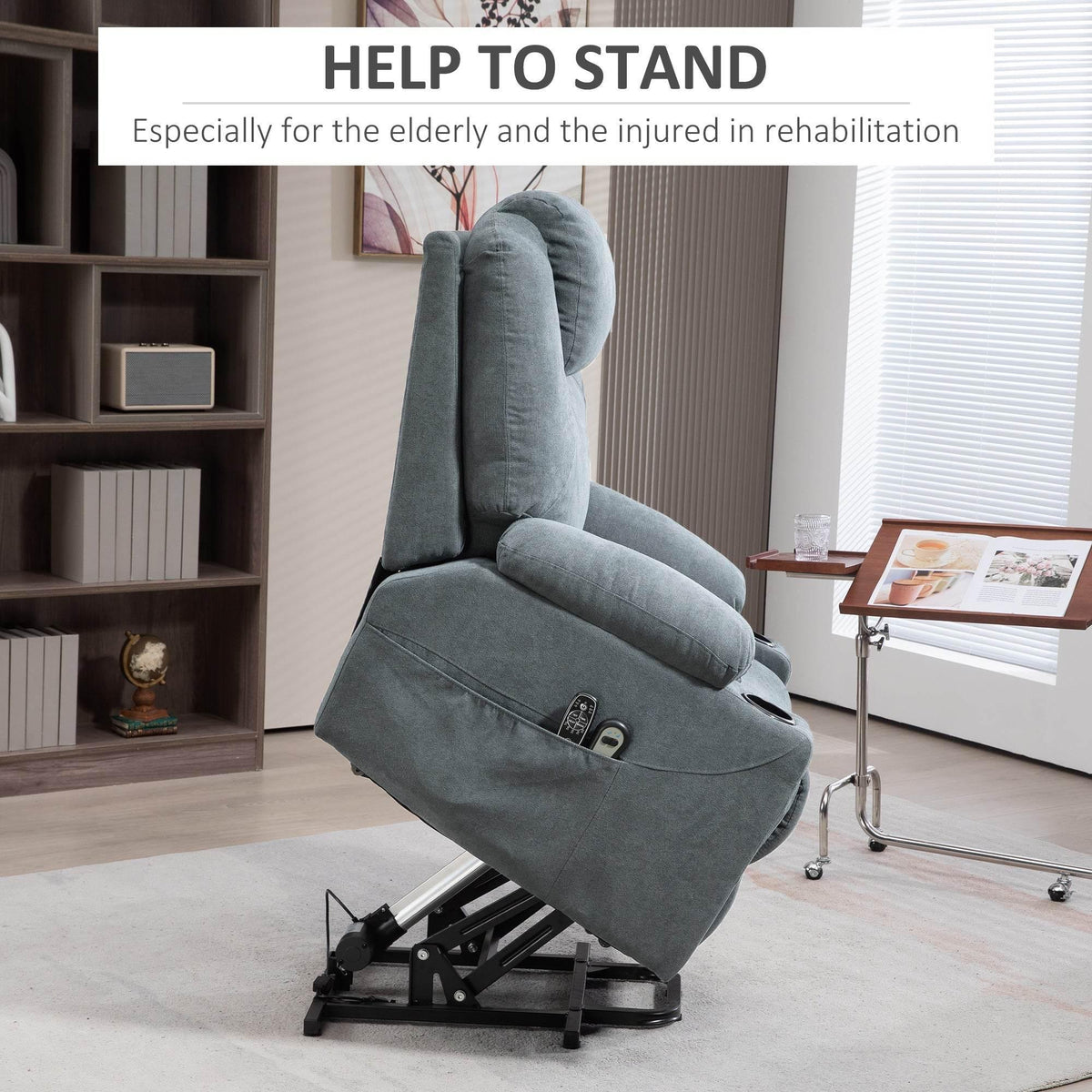 Electric lift recliner chair in charcoal fabric, tilted recline with tall headrest