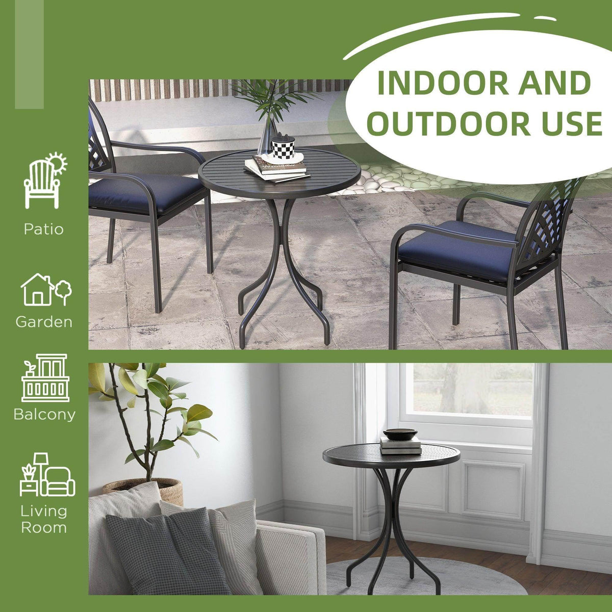 Black round patio side table for indoor and outdoor use with slat top