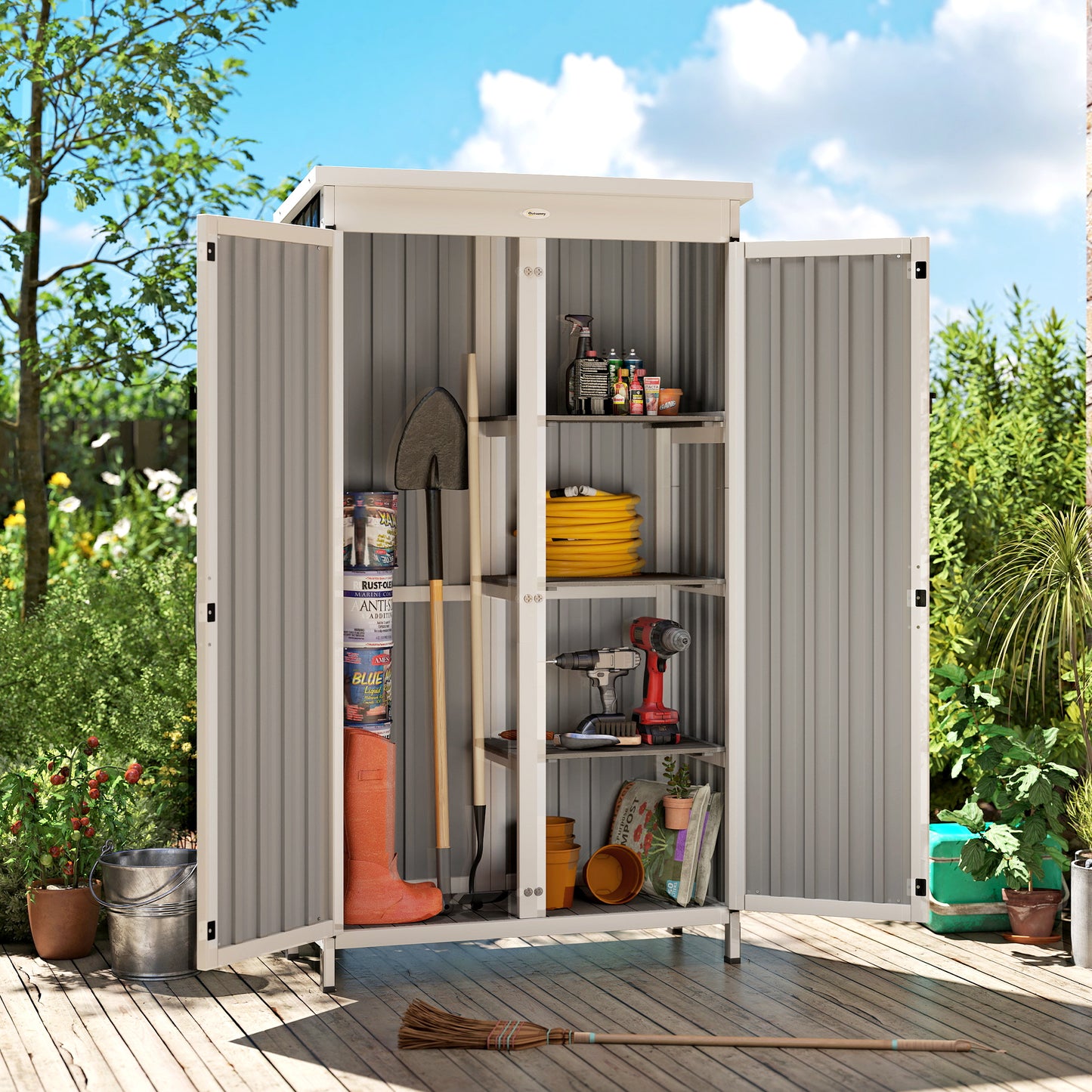 Outsunny Outdoor Storage Cabinet With Removable Shelves Garden Tool Shed Asphalt Roof White And Black