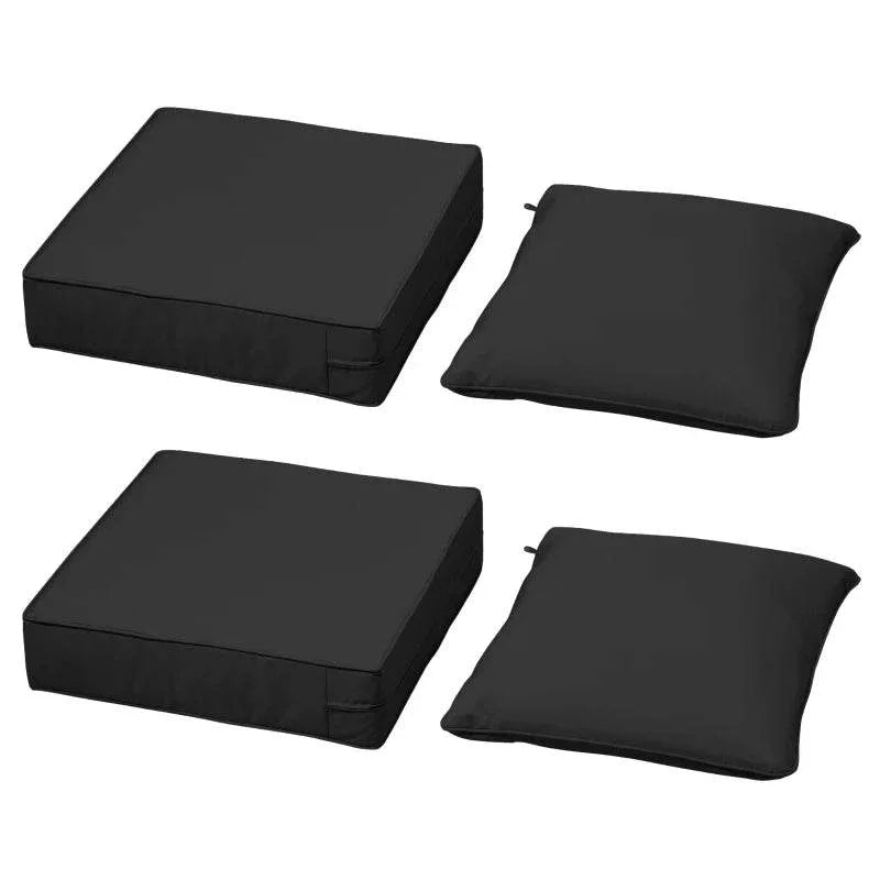 Four black square outdoor cushions: two seat cushions and two back cushions, padded