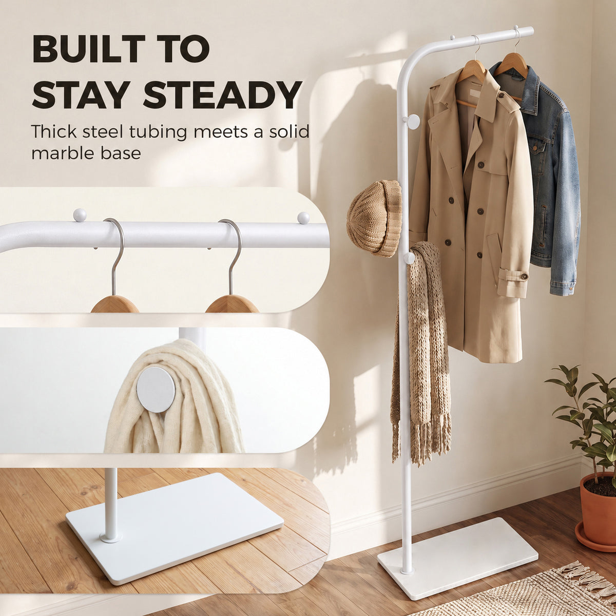 HOMCOM Garment Rack With Three Side Hooks And White Marble Base