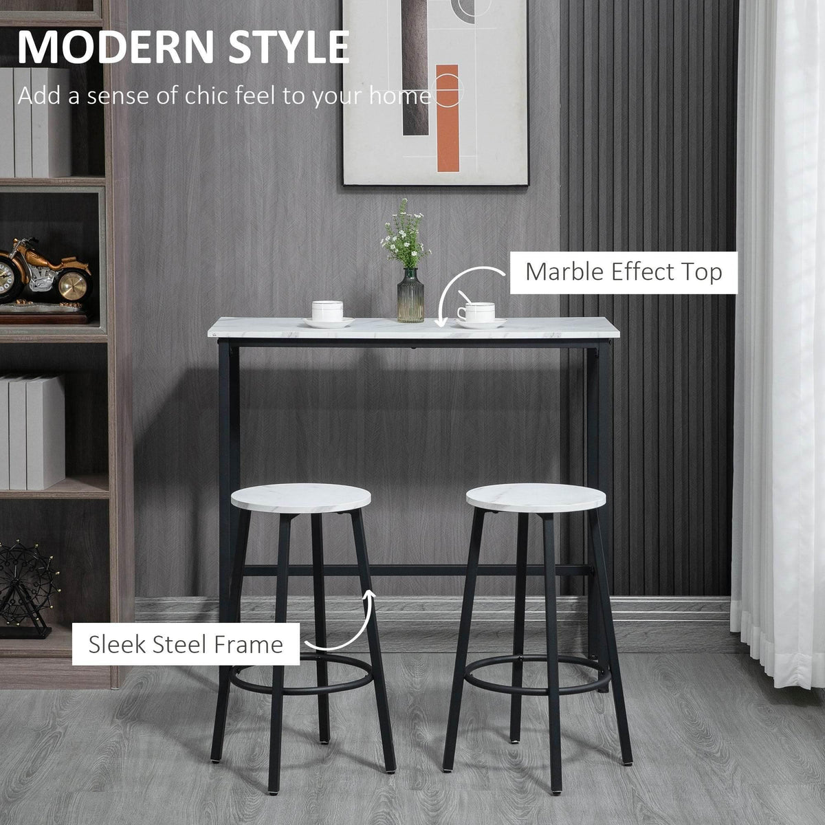 Marble-effect bar table with black steel frame and two white round stools