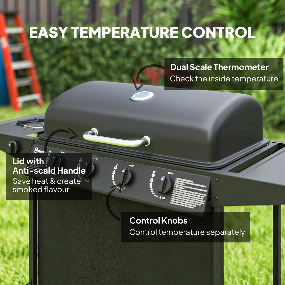 Portable gas BBQ grill lid with built-in thermometer and temperature control knobs