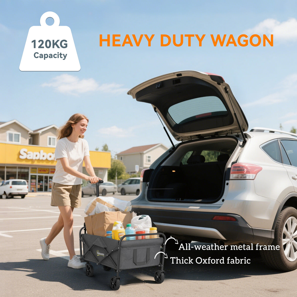 Grey heavy-duty folding wagon cart with thick fabric sides, carrying basket and four wheels
