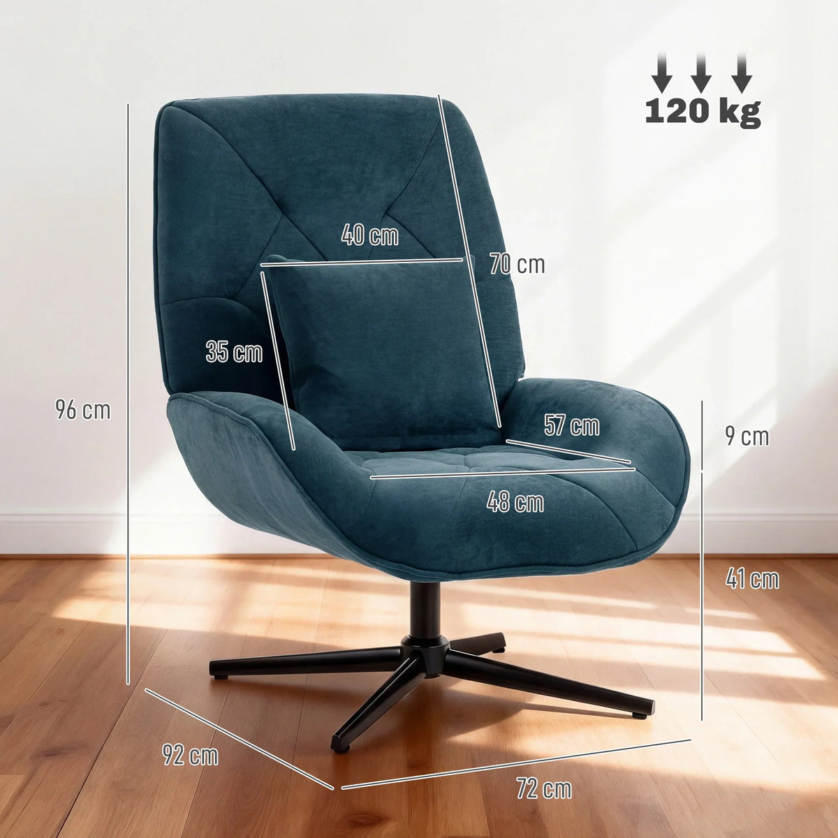 Dark green high-back swivel armchair with deep seat and black metal legs.