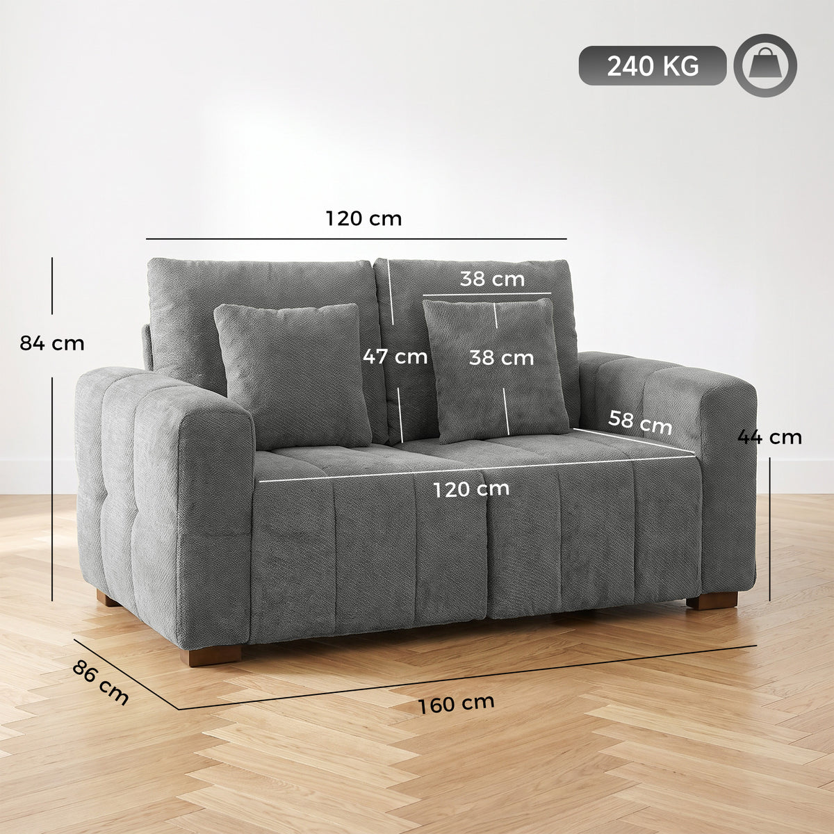 Grey 2-seater velvet sofa with thick padded arms and seat cushions, with size guide.