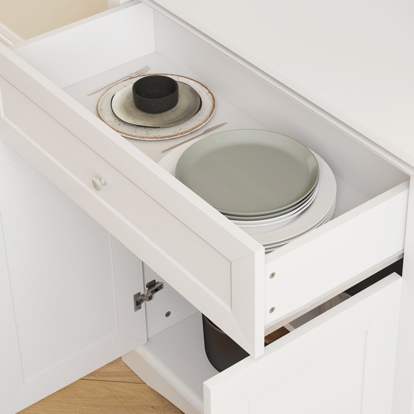 HOMCOM 4 Door Kitchen Cupboard With Drawer Freestanding Cabinet Glass Doors Adjustable Shelves Open Counter White
