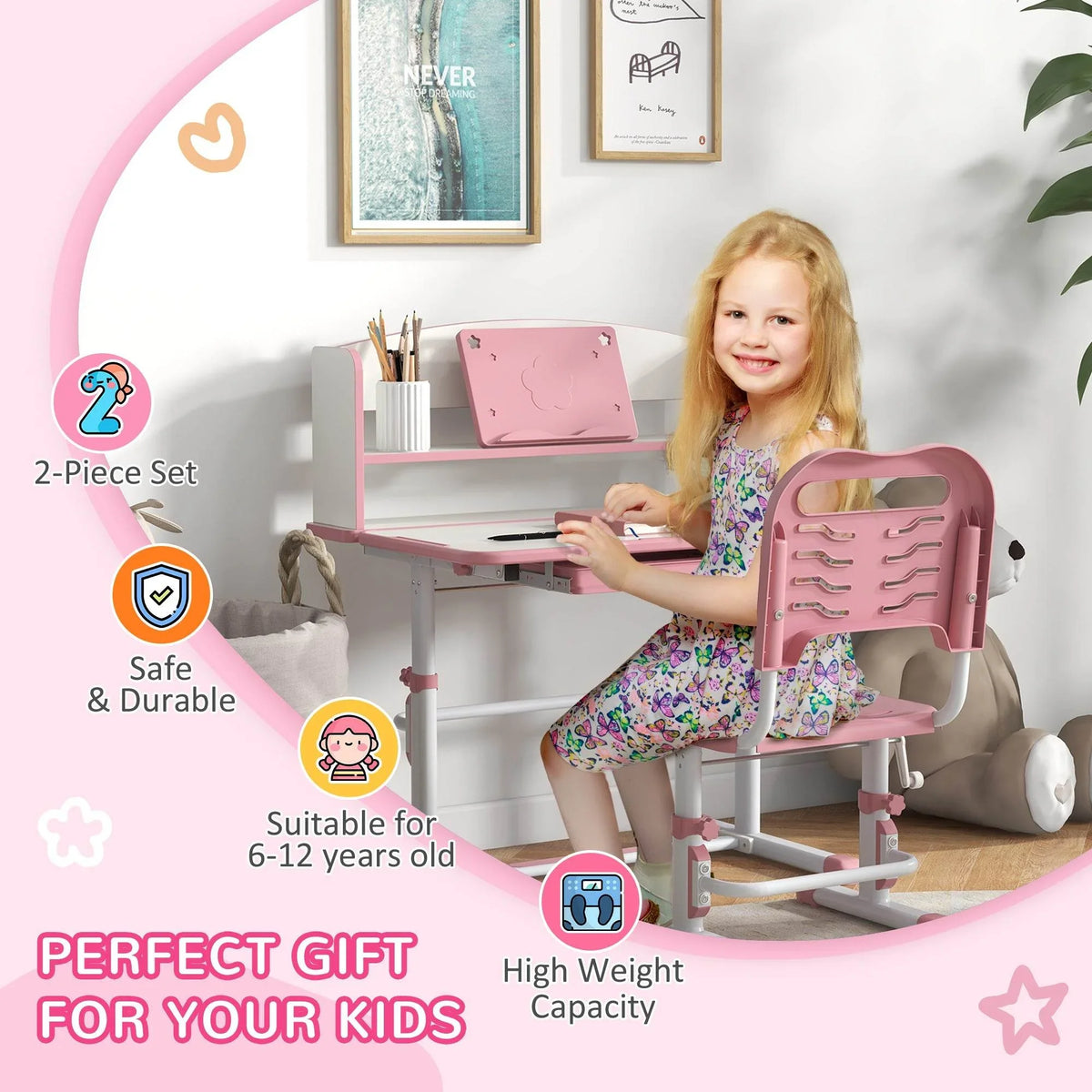 Pink kids study desk and chair set with book shelf and slanted writing panel