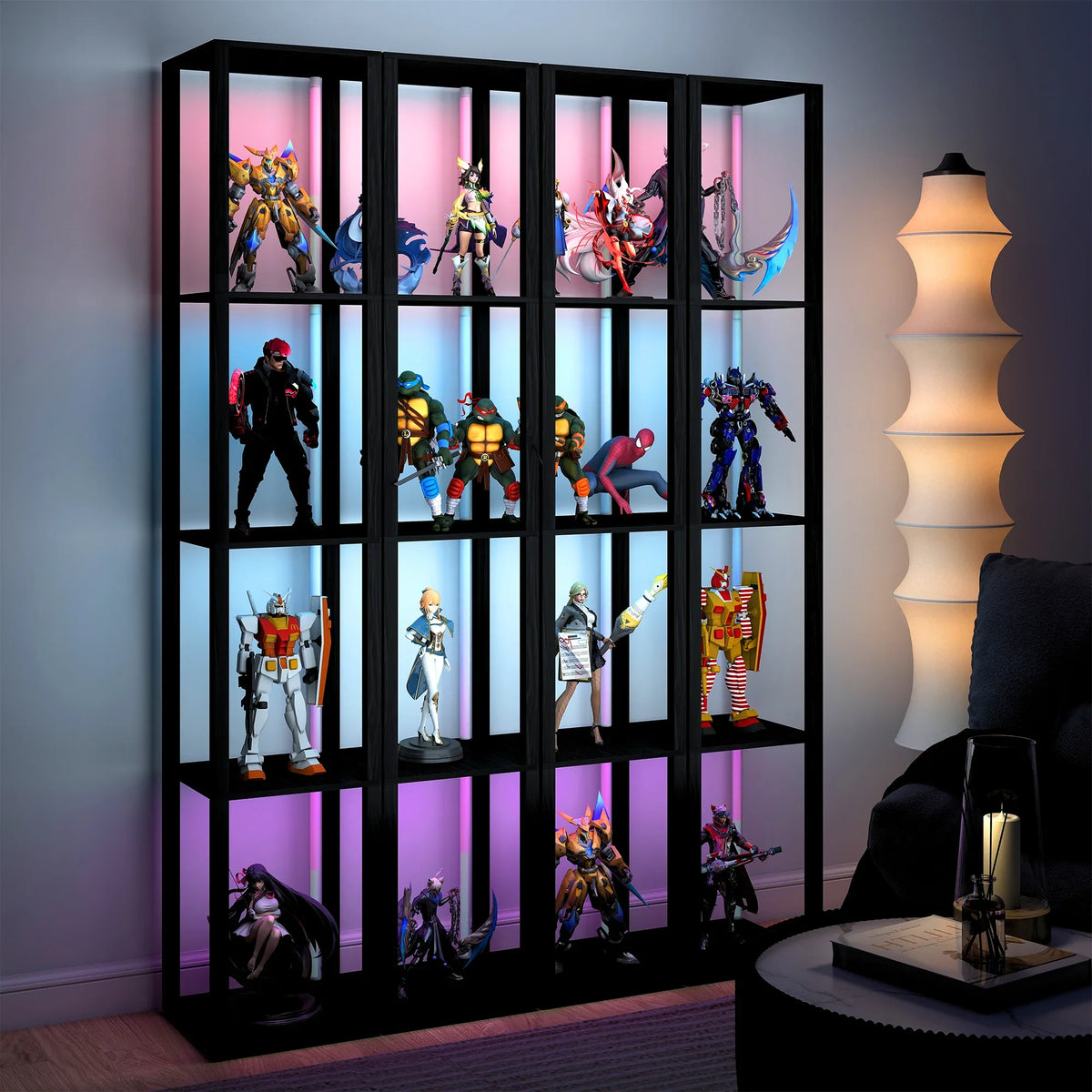 Black RGB LED floor lamp with grid open shelves, multicolor light panels.
