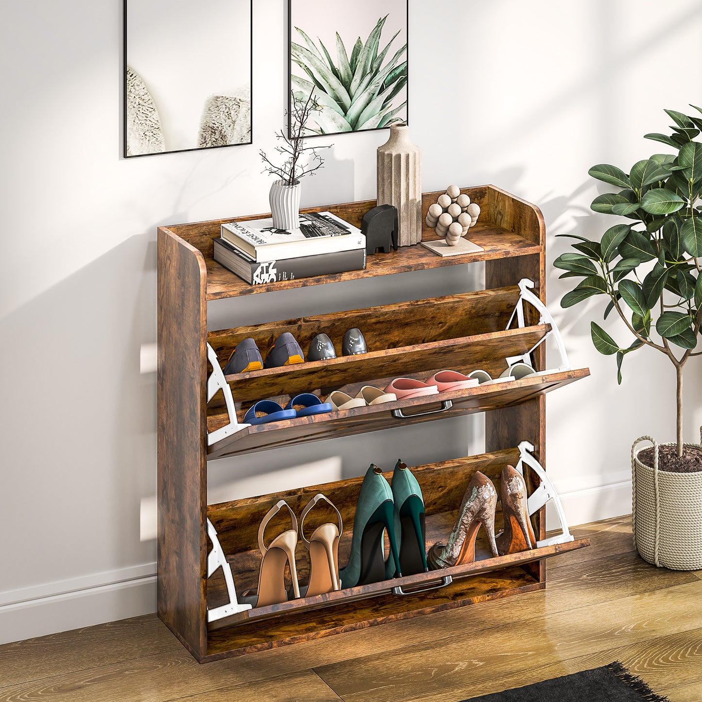 HOMCOM Narrow Shoe Cabinet With Two Flip Drawers And Adjustable Shelves Rustic Brown For Organization Up To 16 Pairs