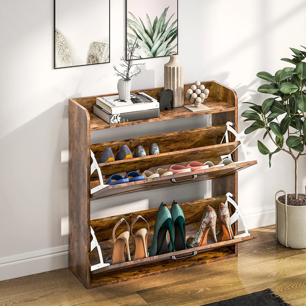 Rustic narrow shoe cabinet with open shelves and flip drawers, storing multiple shoes
