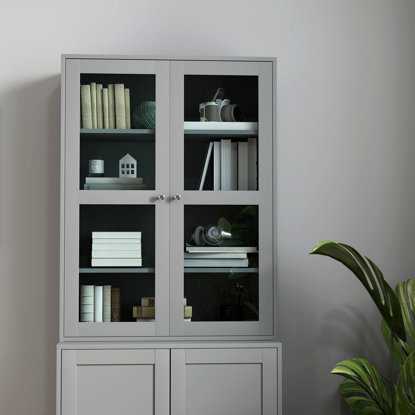 HOMCOM Double Storage Display Cabinet with Tempered Glass Doors Grey for Elegant Living Room Display and Extra Storage