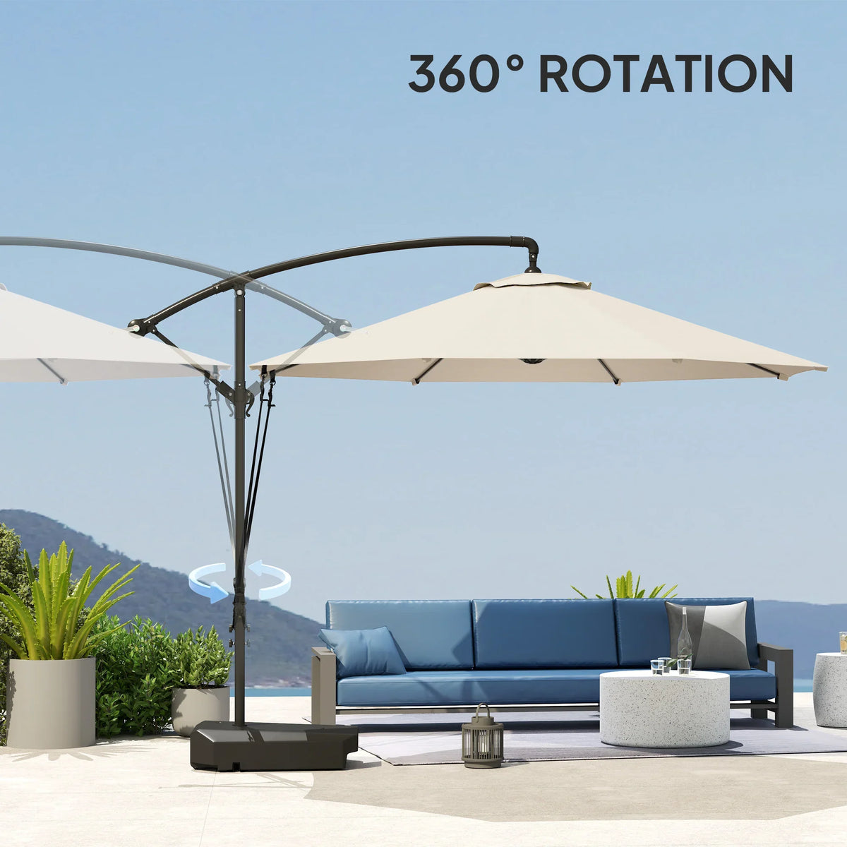 Cream cantilever parasol with dark frame and weighted base on outdoor patio