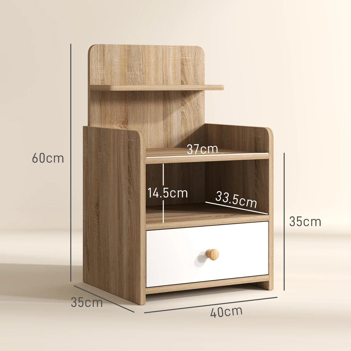Wood-effect bedside table side view with open shelves and white drawer, compact frame.