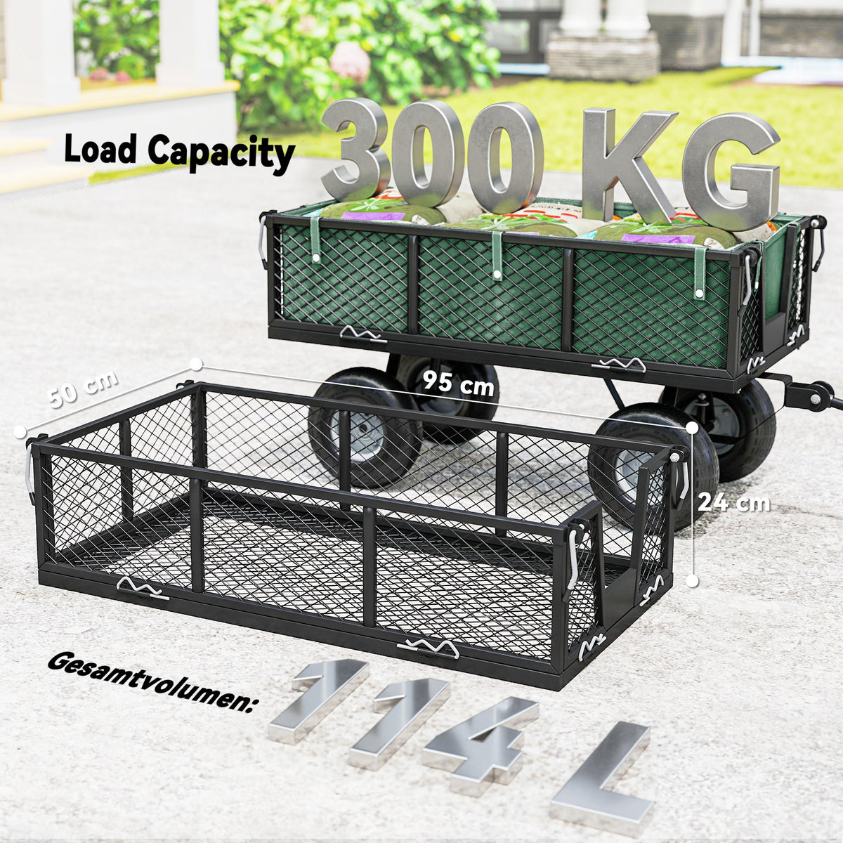 Green steel garden cart with 4 pneumatic tires and mesh cargo bed for heavy loads