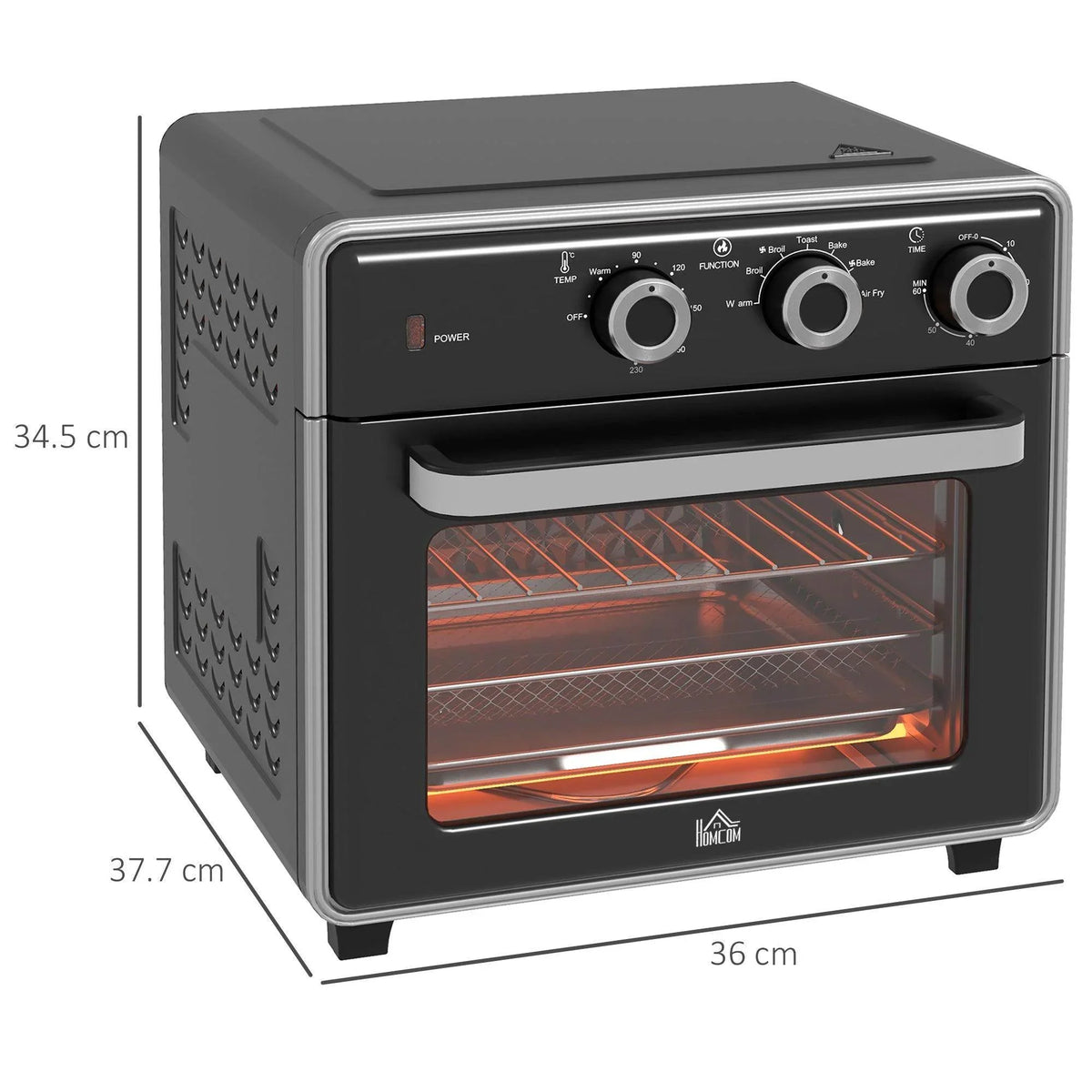 Black mini convection air fryer oven, front view with side ventilation and door window