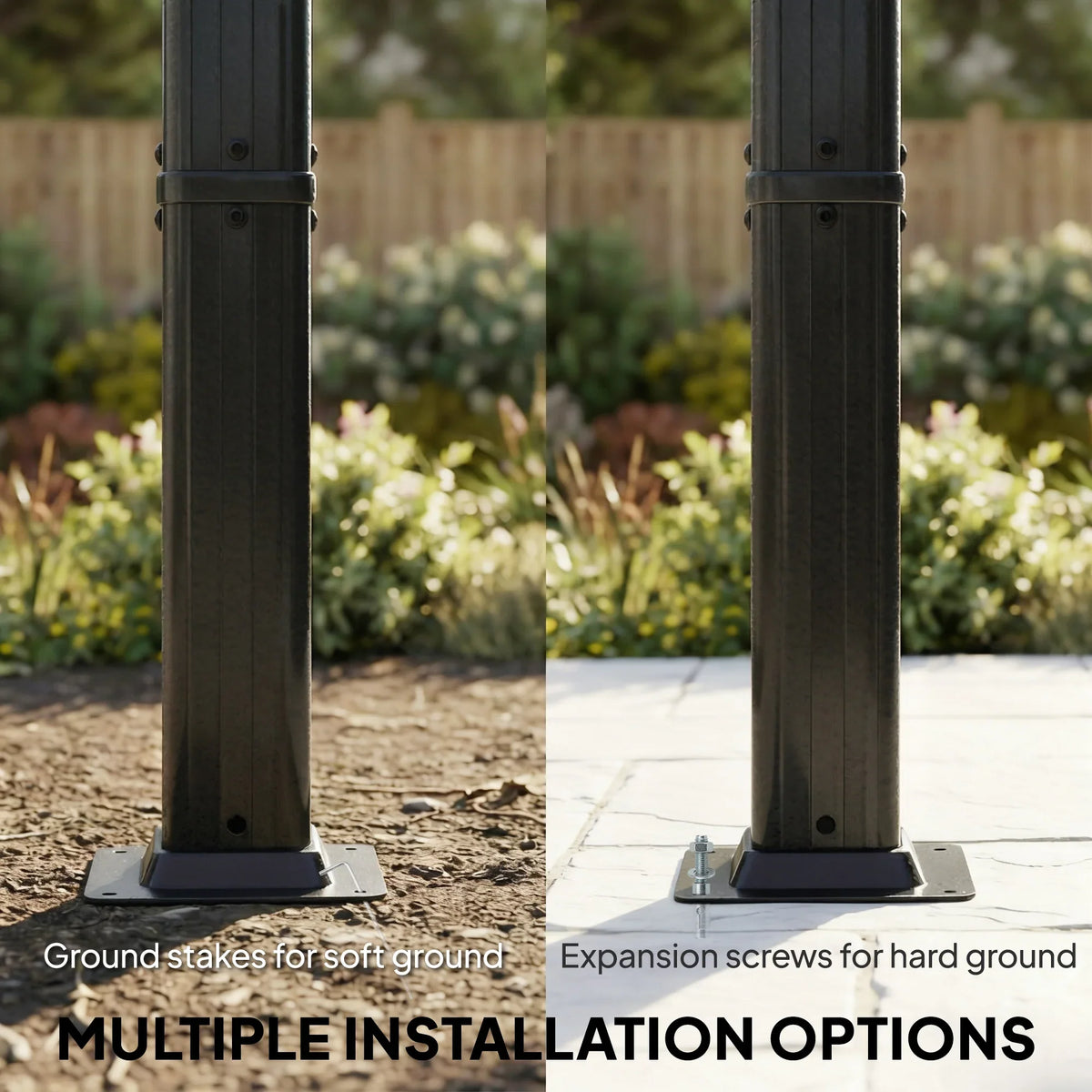 Dark grey pergola corner posts with ground stakes and expansion screws