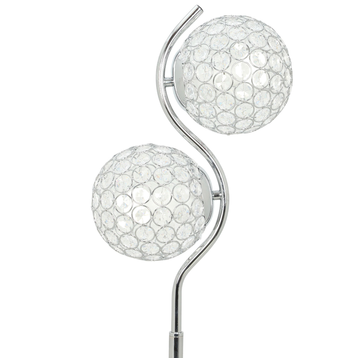 Chrome dual-globe lamp with two round crystal globe shades on a curved metal stem.