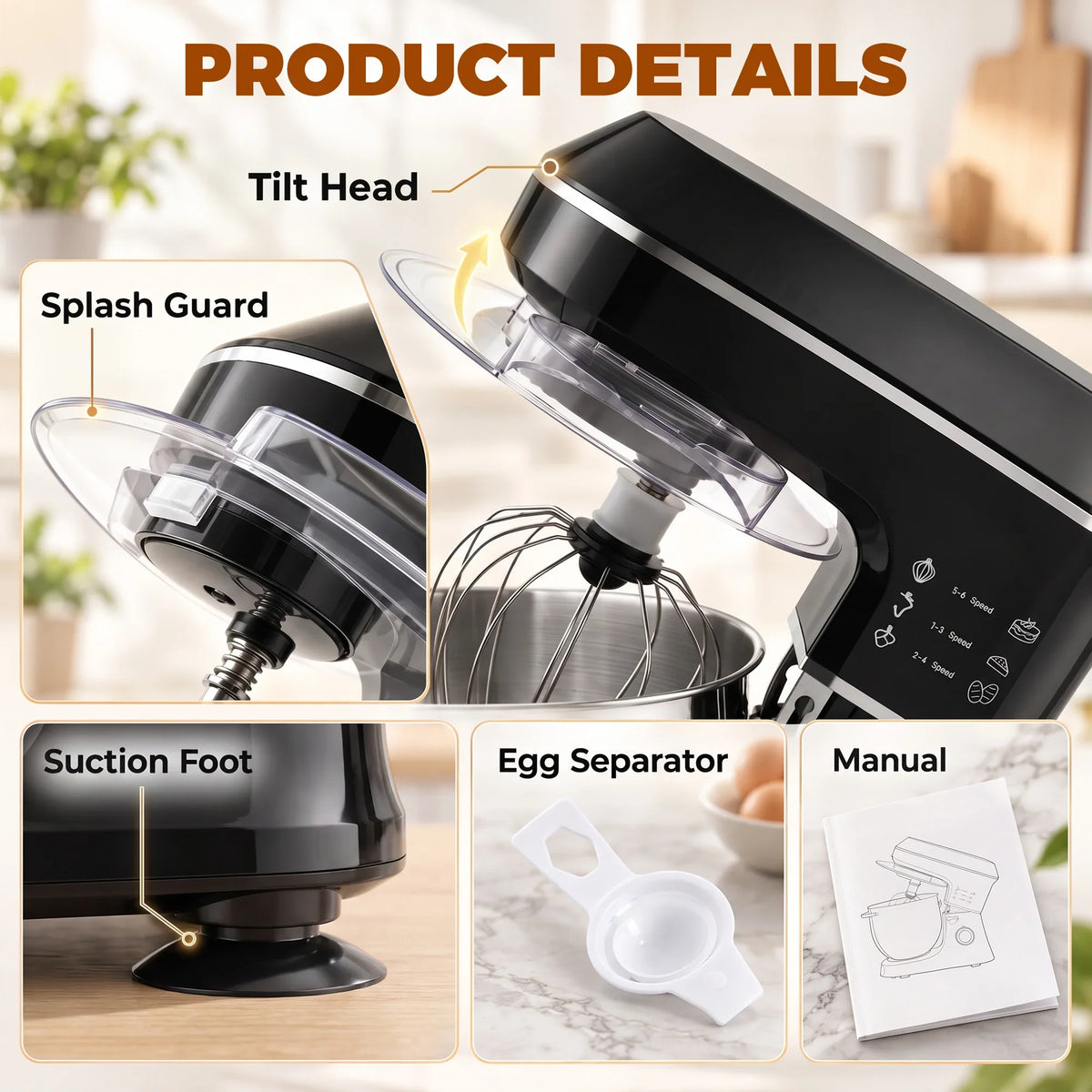 Stand mixer with tilt head and splash guard; suction foot and egg separator included