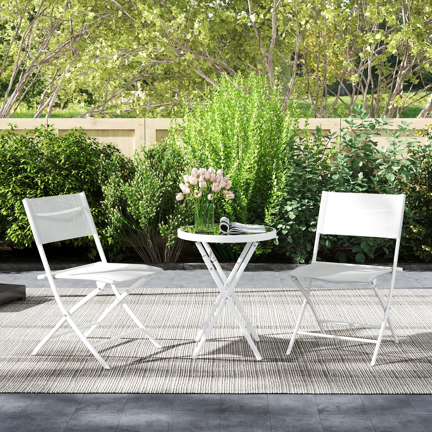 Outsunny 3 Piece Outdoor Bistro Set With Glass Top Outdoor Table And 2 Folding Chairs With Protecting Feet White