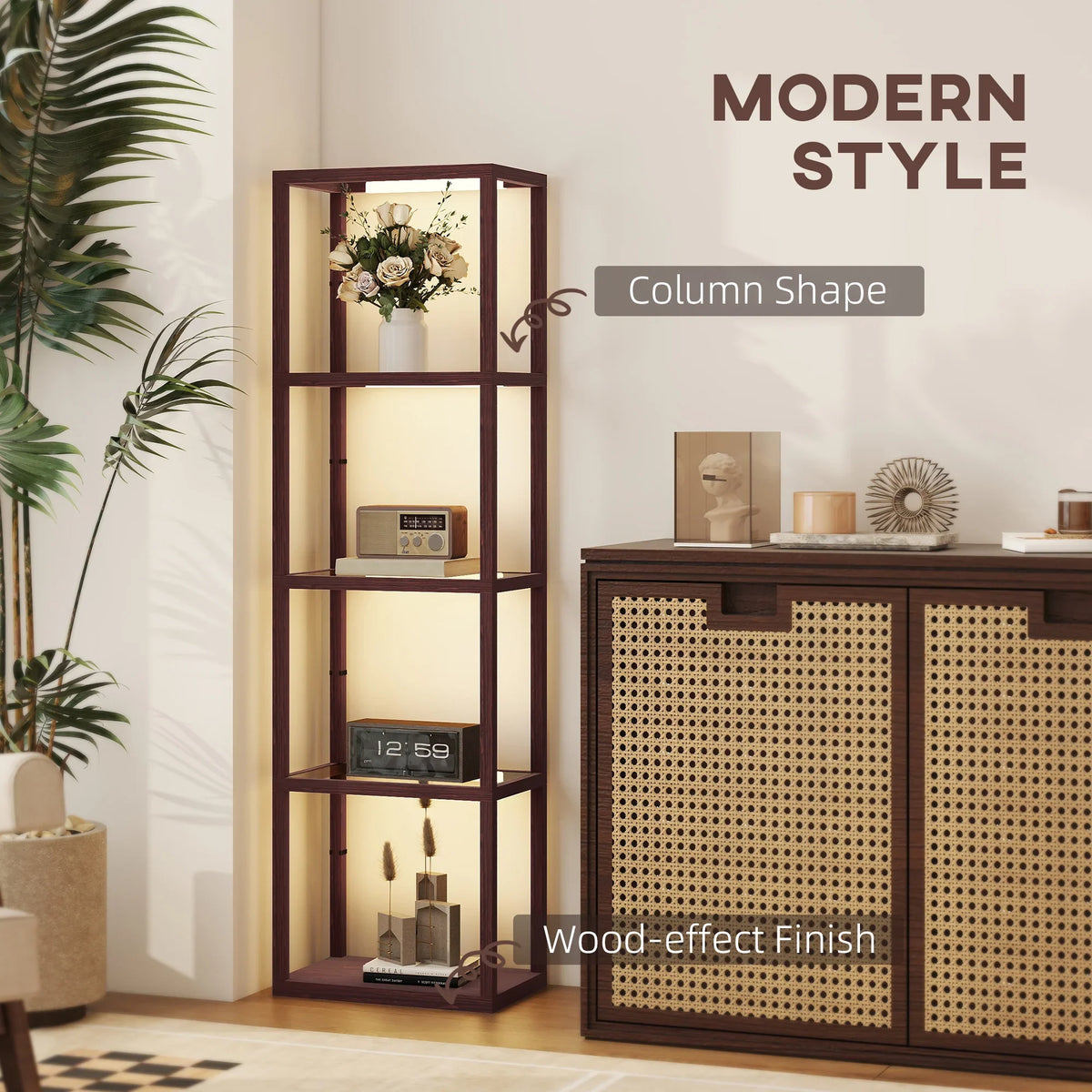 Dark brown column-style floor lamp with open shelves and warm LED glow