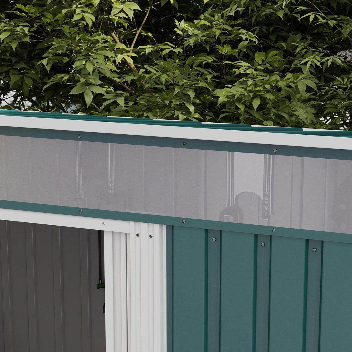 Green metal shed wall panels with top trim and small vent openings