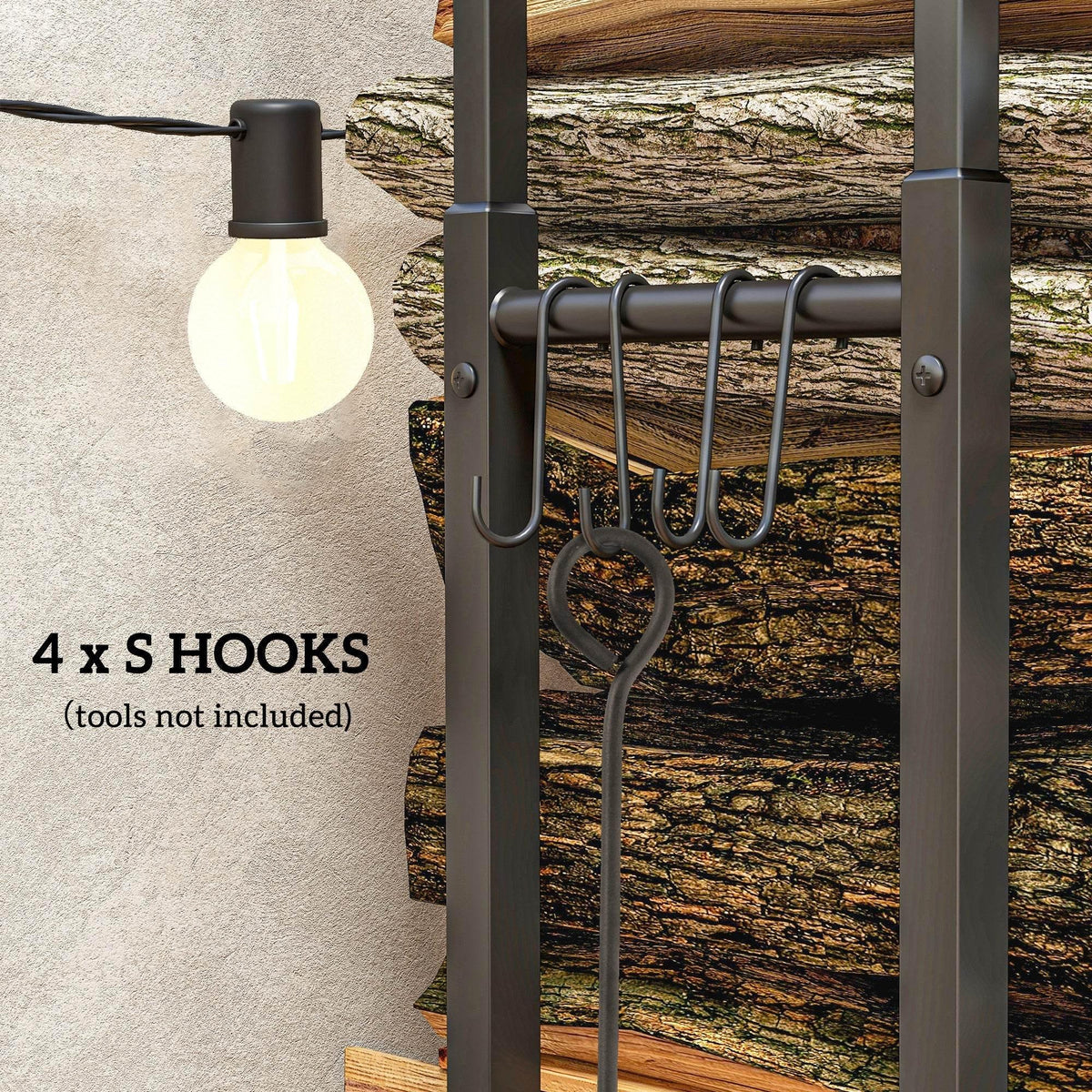 Black metal firewood log rack with 4 U-shaped storage hooks on the side
