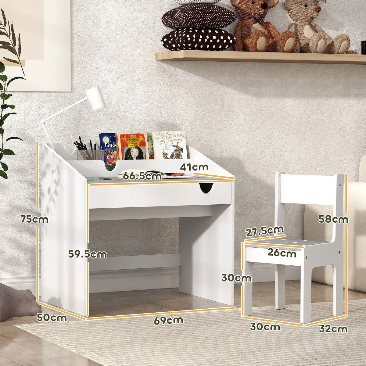 Grey kids study table with built-in drawer and matching chair, shown with size measurements
