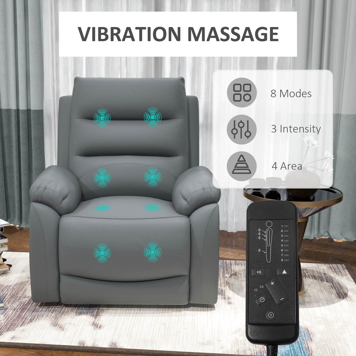 Gray vibration massage recliner chair with glowing massage nodes and handheld remote