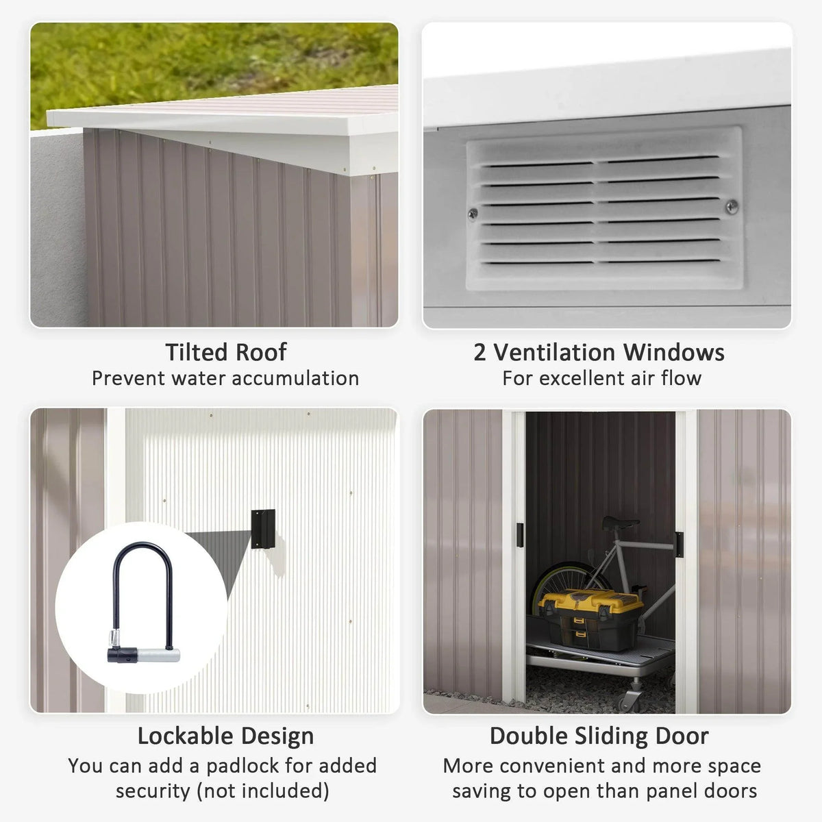 Light grey metal shed with double sliding doors, vent windows, and lockable design