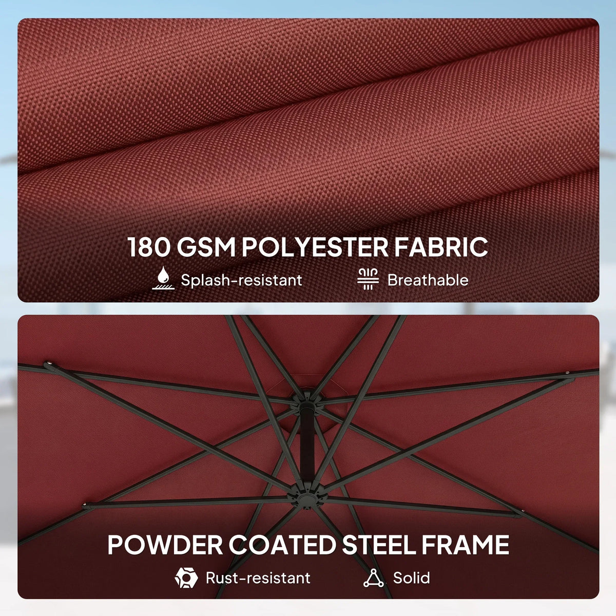 Wine red parasol fabric close-up with ribbed canopy and powder-coated frame