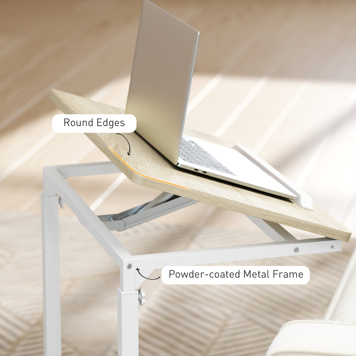 White side table with powder-coated metal frame, rounded edges, and light wood desktop