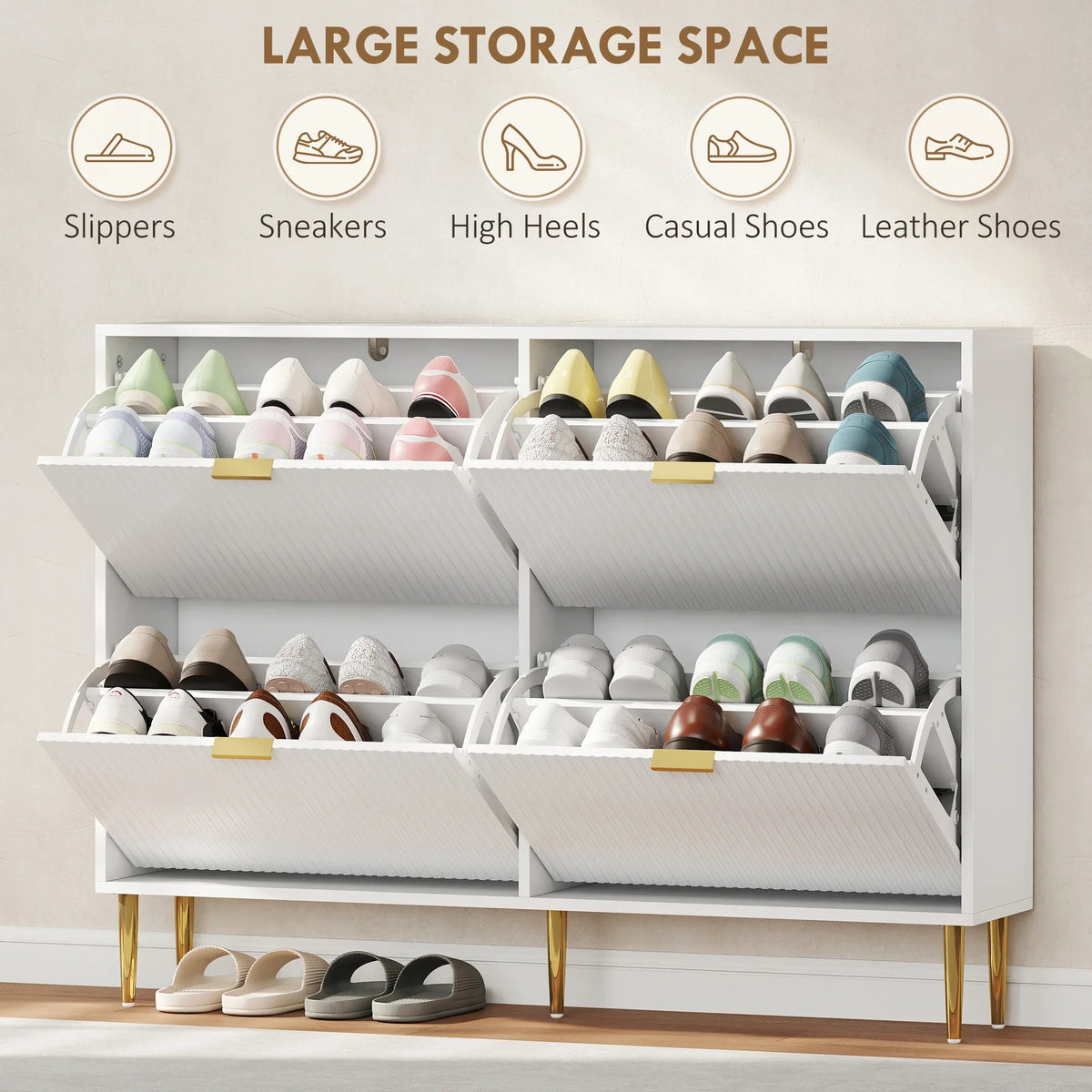 White shoe cabinet with four open compartments storing assorted shoes.