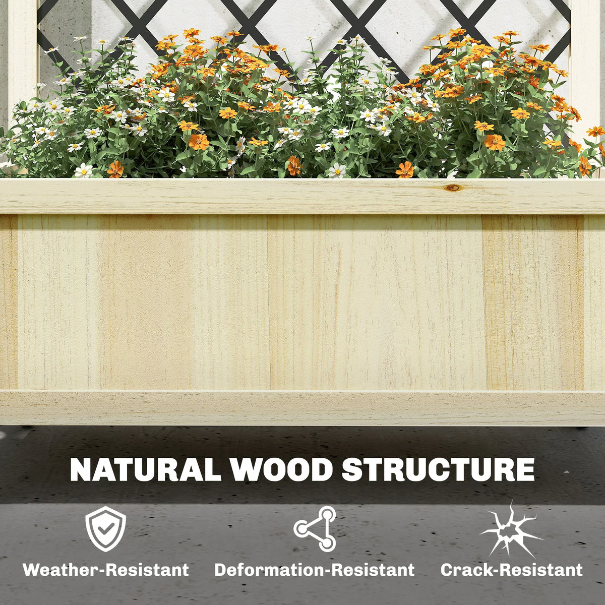 Natural wood raised garden planter filled with blooming flowers behind trellis