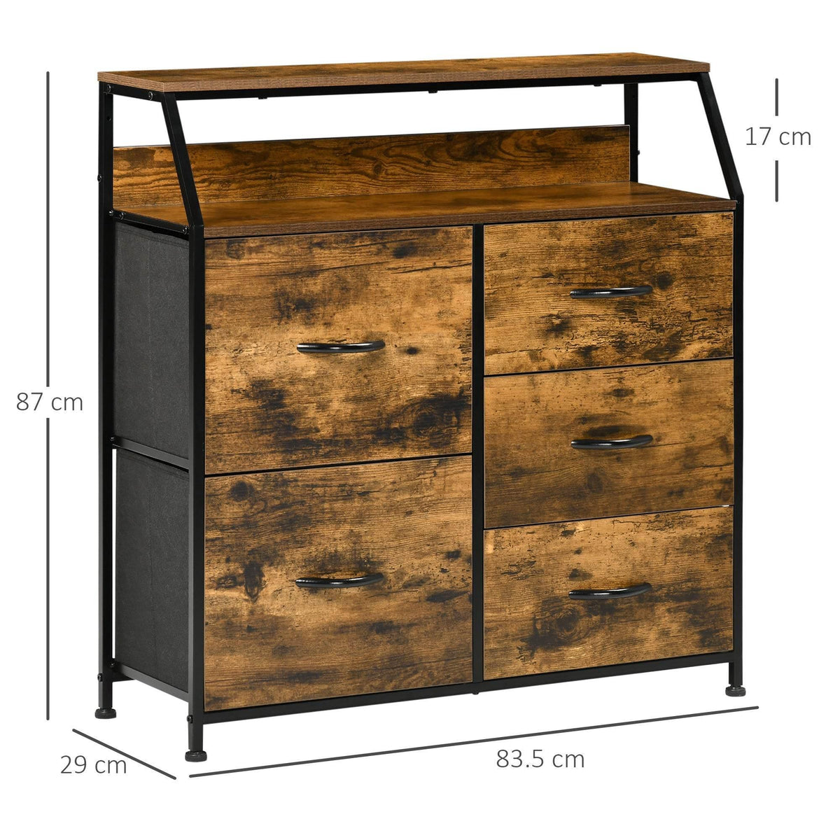 Industrial 5-drawer dresser with rustic brown front panels, black metal frame, open shelf.