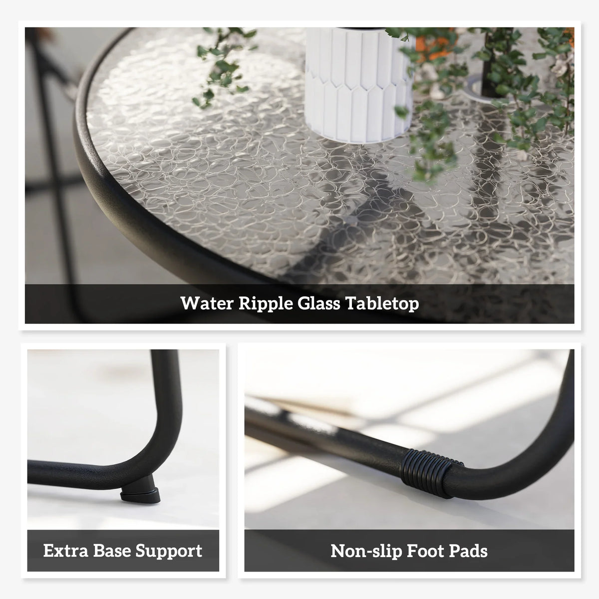 Round glass tabletop with water-ripple pattern and black metal table legs