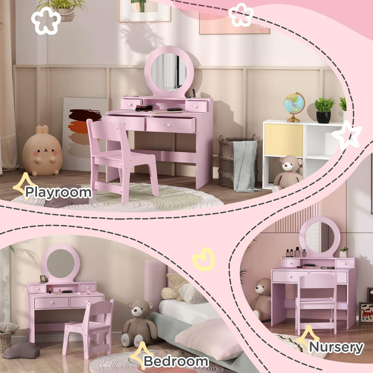 Kids pink makeup vanity set with round mirror and stool displayed for playroom and nursery use