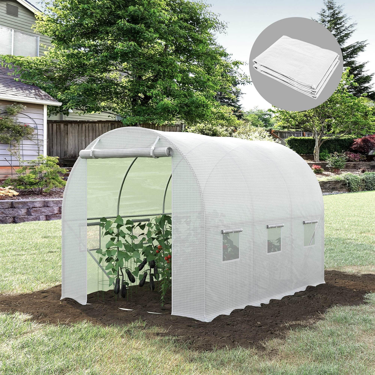 White walk-in PE greenhouse cover with roll-up door and side window panels for ventilation