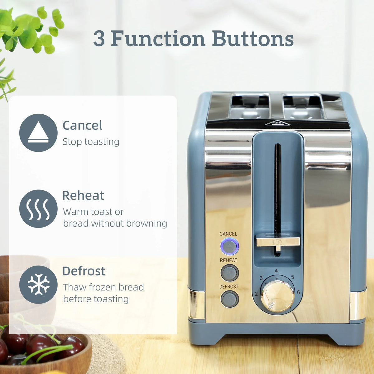 Blue stainless toaster with three function buttons and a central lever slot.