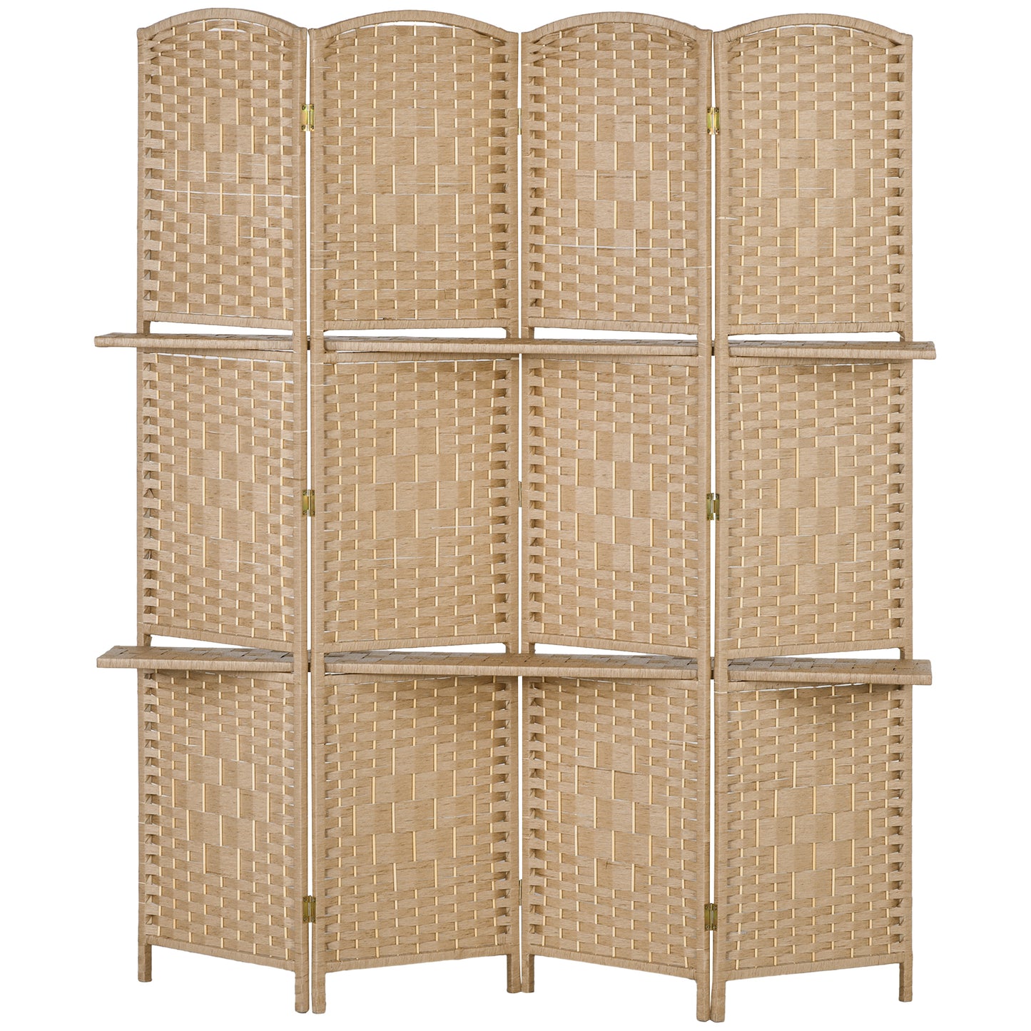 HOMCOM Four Panel Room Divider Screen 160 X 170 cm Foldable Pine Wood With Two Shelves