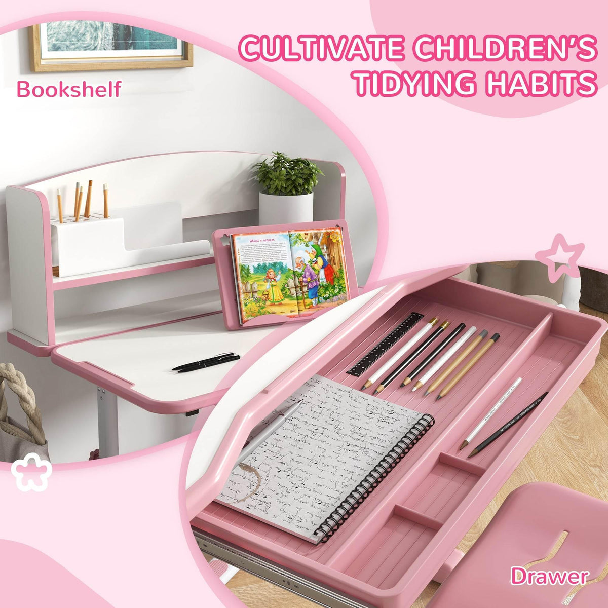 Pink kids study desk with flip-up writing top and open pencil drawer